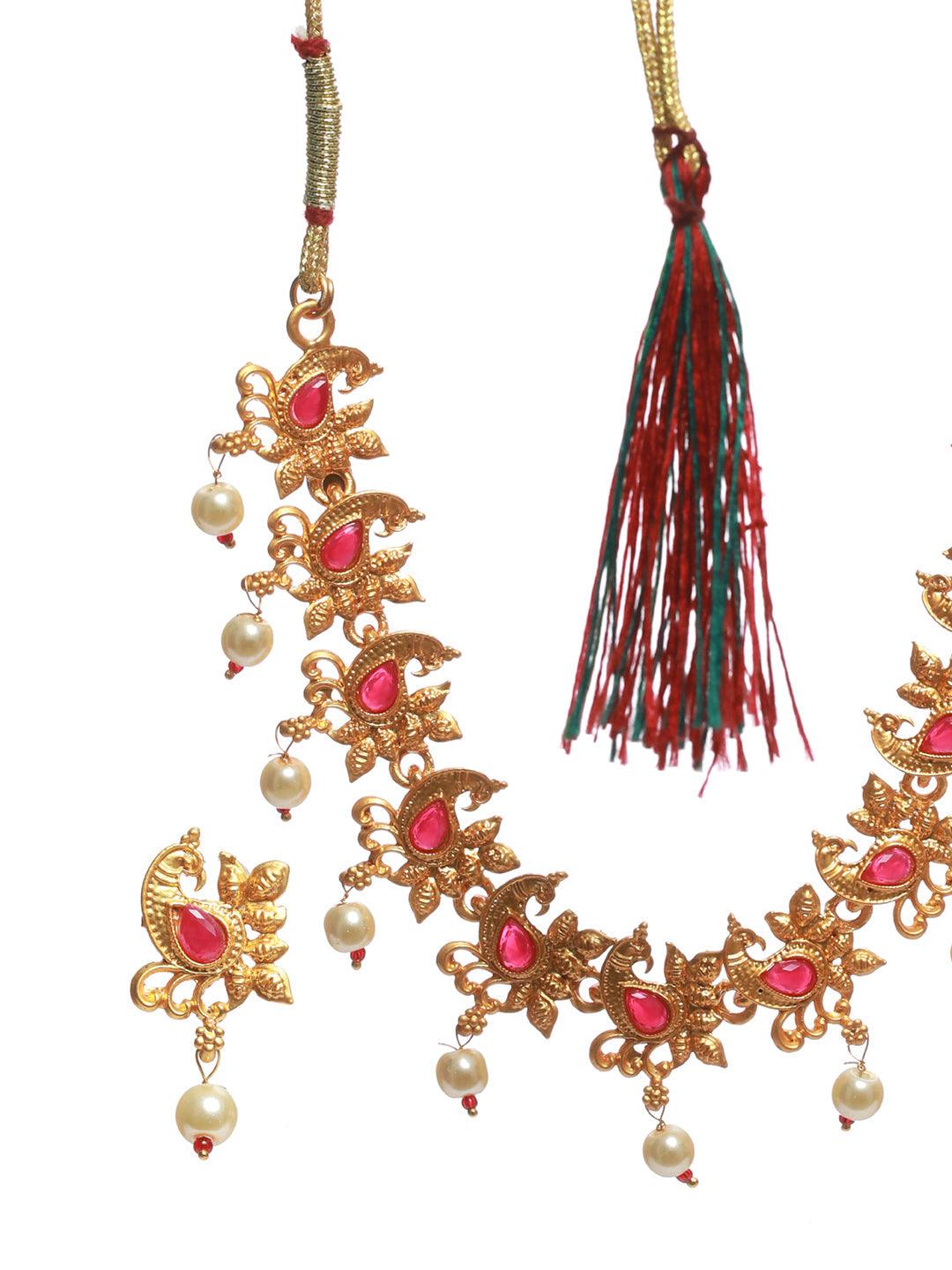 Women's Pink Stone Studded Peacock Jewellery Set - Priyaasi - Indiakreations