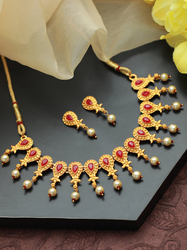 Women's Pink Stone Studded Gold Plated Floral Jewellery Set - Priyaasi