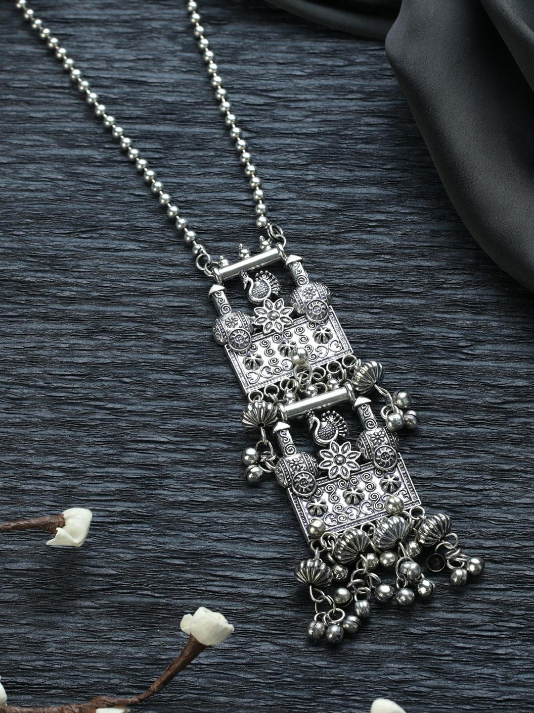 Women's Long Floral Peacock Drop Oxidised Silver Necklace - Priyaasi - Indiakreations