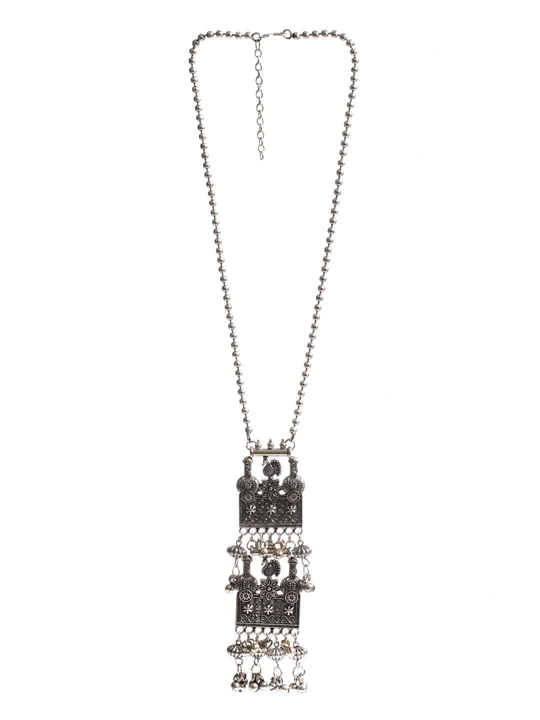 Women's Long Floral Peacock Drop Oxidised Silver Necklace - Priyaasi - Indiakreations