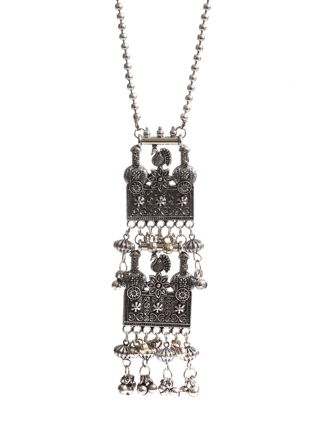 Women's Long Floral Peacock Drop Oxidised Silver Necklace - Priyaasi - Indiakreations