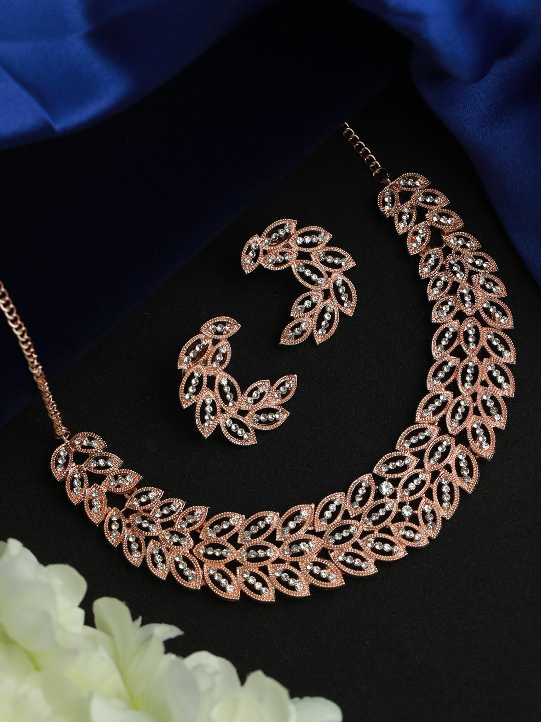 Women's Elegant Leaf Pattern AD Rose Gold Plated Jewellery Set - Priyaasi - Indiakreations