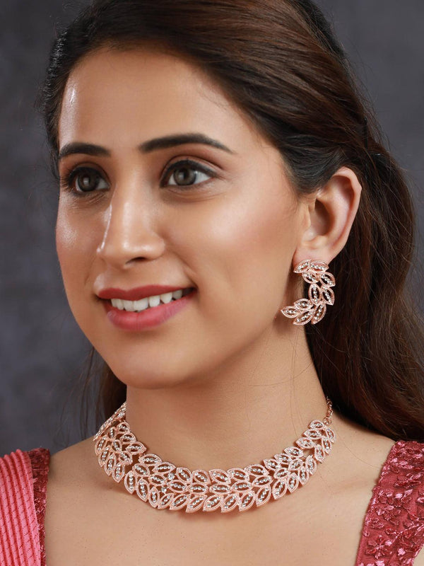 Women's Elegant Leaf Pattern AD Rose Gold Plated Jewellery Set - Priyaasi - Indiakreations