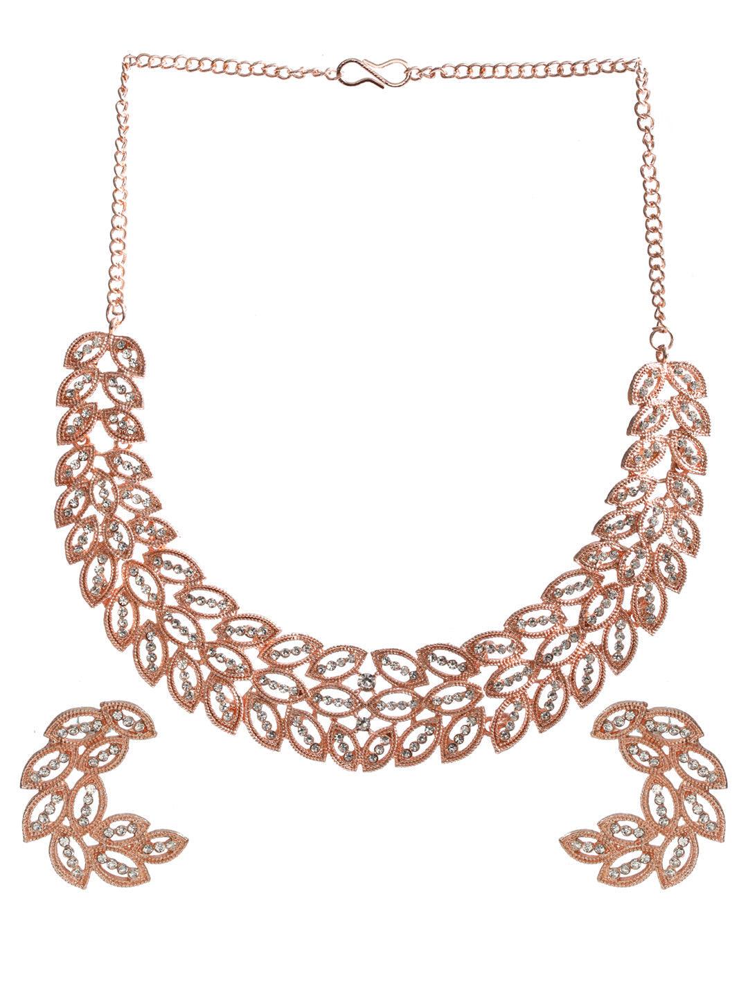 Women's Elegant Leaf Pattern AD Rose Gold Plated Jewellery Set - Priyaasi - Indiakreations