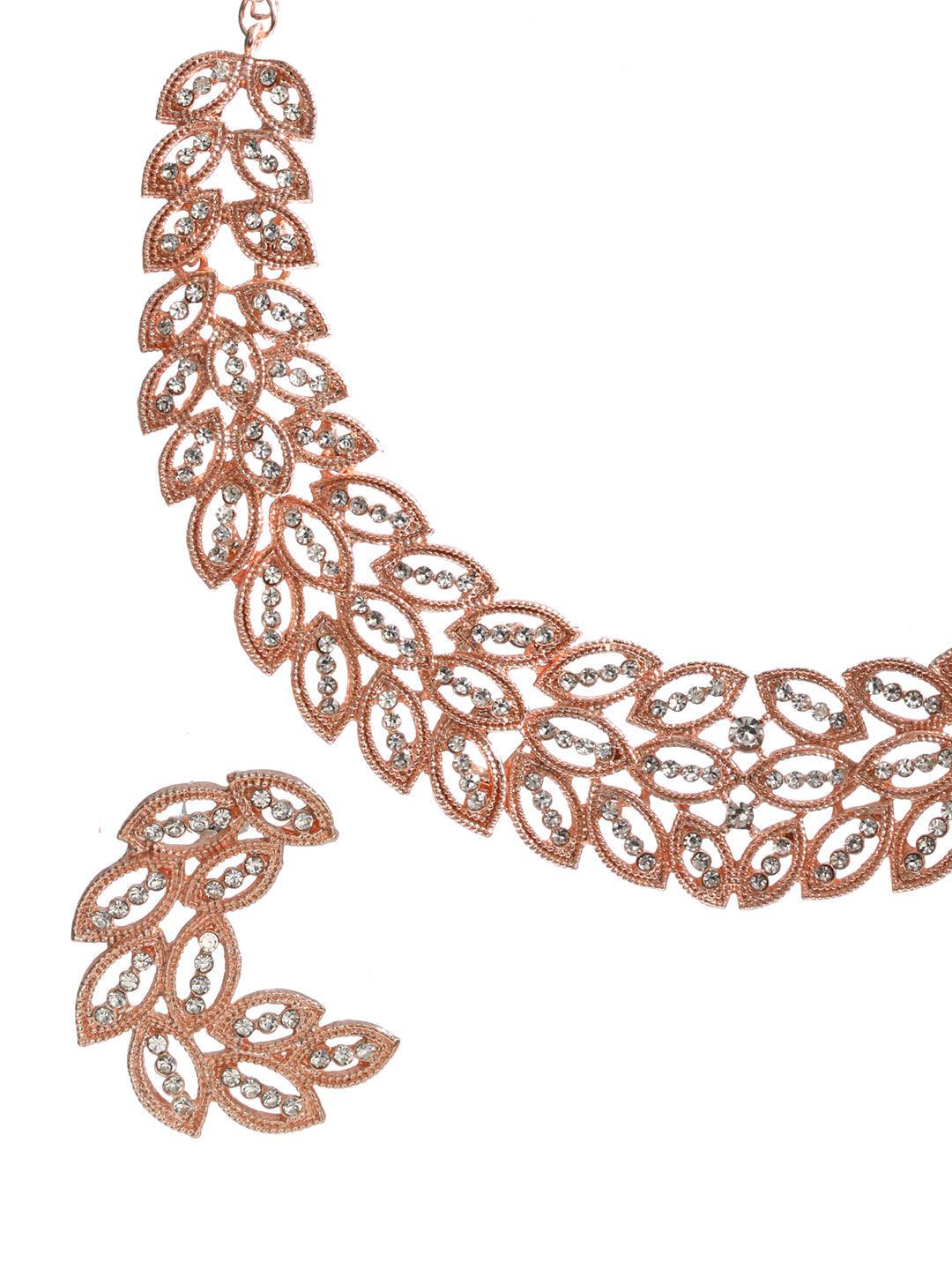 Women's Elegant Leaf Pattern AD Rose Gold Plated Jewellery Set - Priyaasi - Indiakreations