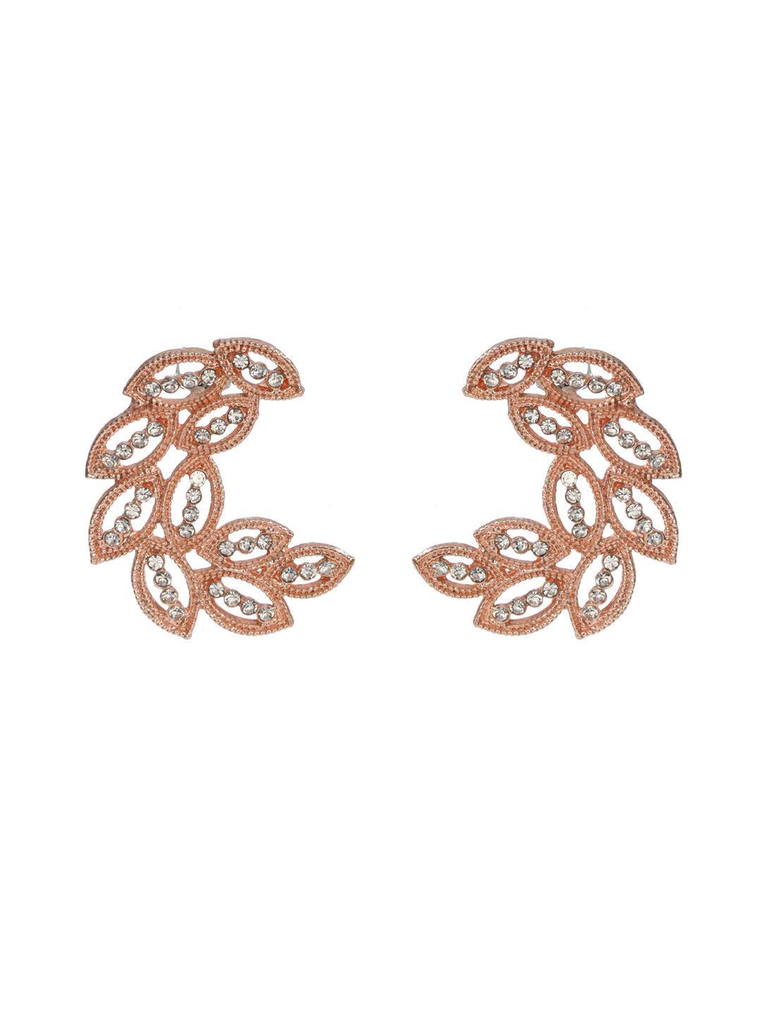 Women's Elegant Leaf Pattern AD Rose Gold Plated Jewellery Set - Priyaasi - Indiakreations