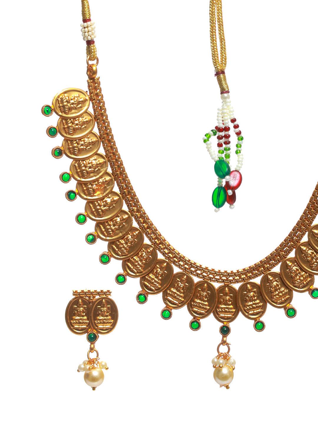 Women's Goddess Laxmi Studded Pearl Drop Gold Plated Jewellery Set - Priyaasi - Indiakreations