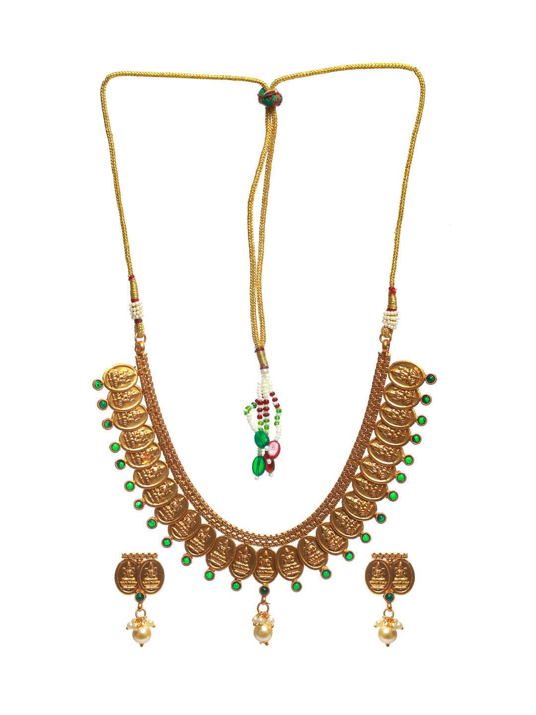 Women's Goddess Laxmi Studded Pearl Drop Gold Plated Jewellery Set - Priyaasi - Indiakreations