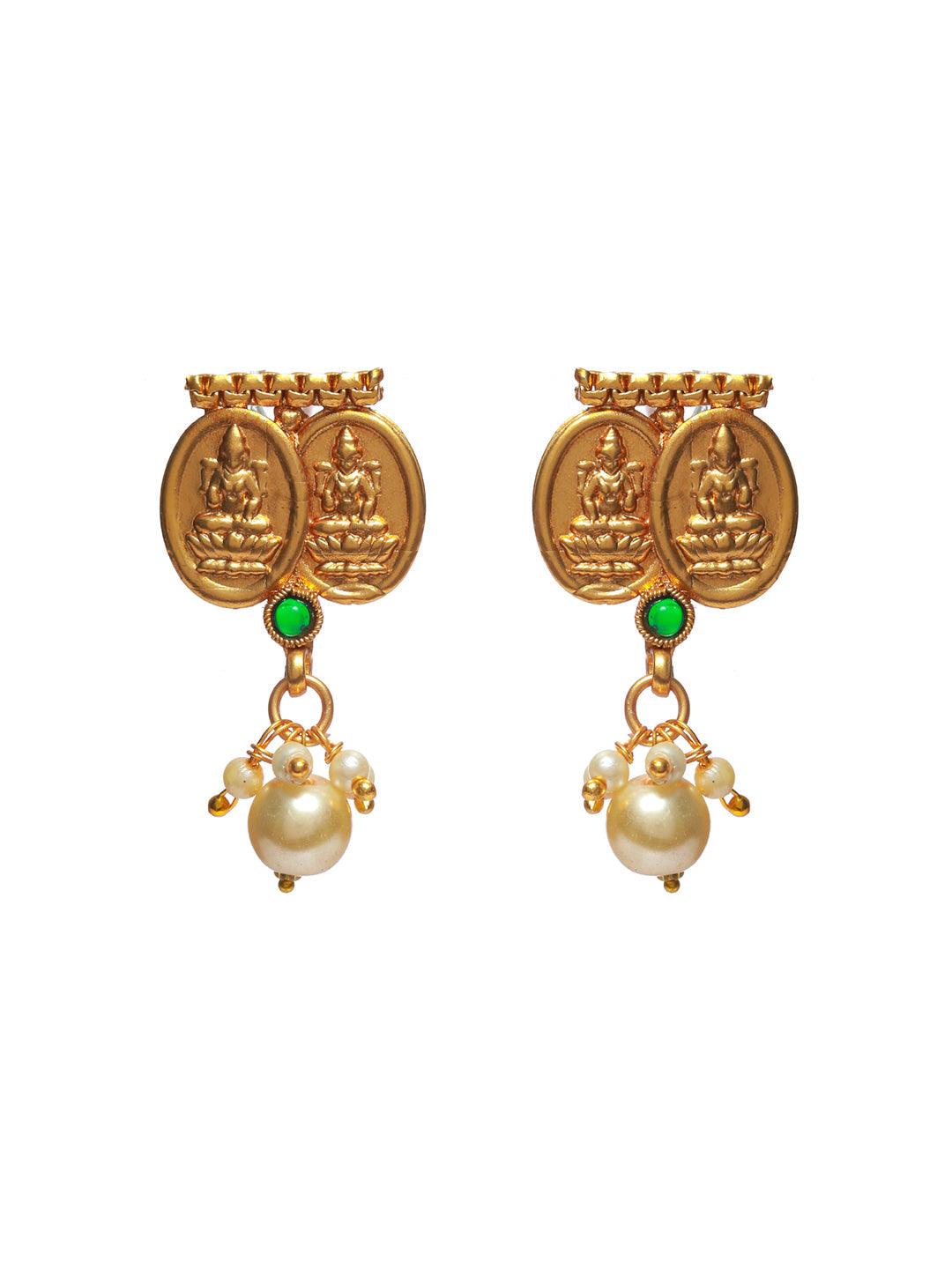 Women's Goddess Laxmi Studded Pearl Drop Gold Plated Jewellery Set - Priyaasi - Indiakreations