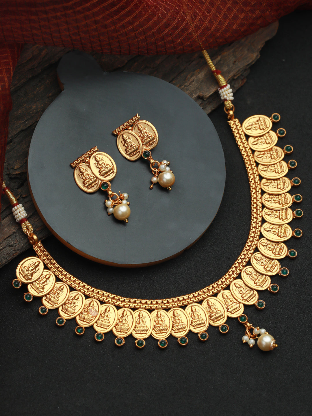 Women's Goddess Laxmi Studded Pearl Drop Gold Plated Jewellery Set - Priyaasi - Indiakreations