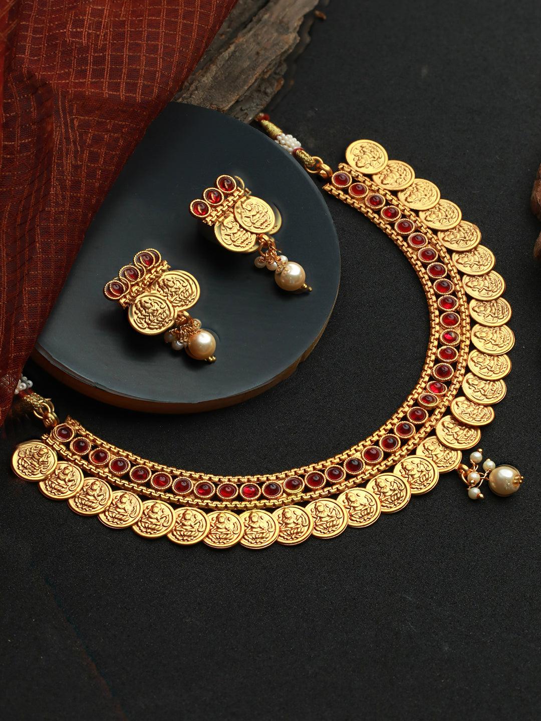 Women's Studded Goddess Laxmi Gold Plated Jewellery Set - Priyaasi - Indiakreations