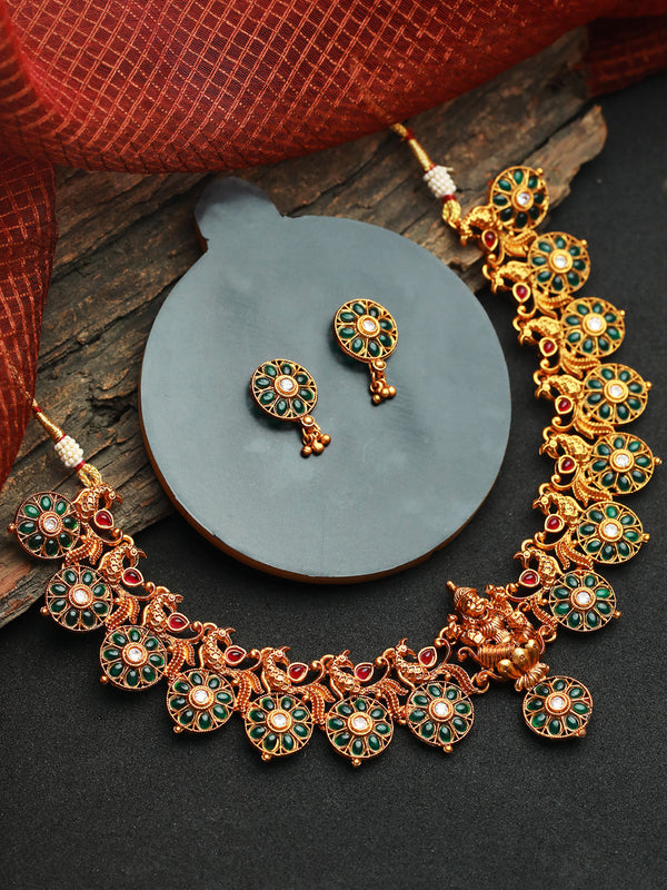 Women's Green Goddess Peacock Floral Gold Plated Jewellery Set - Priyaasi