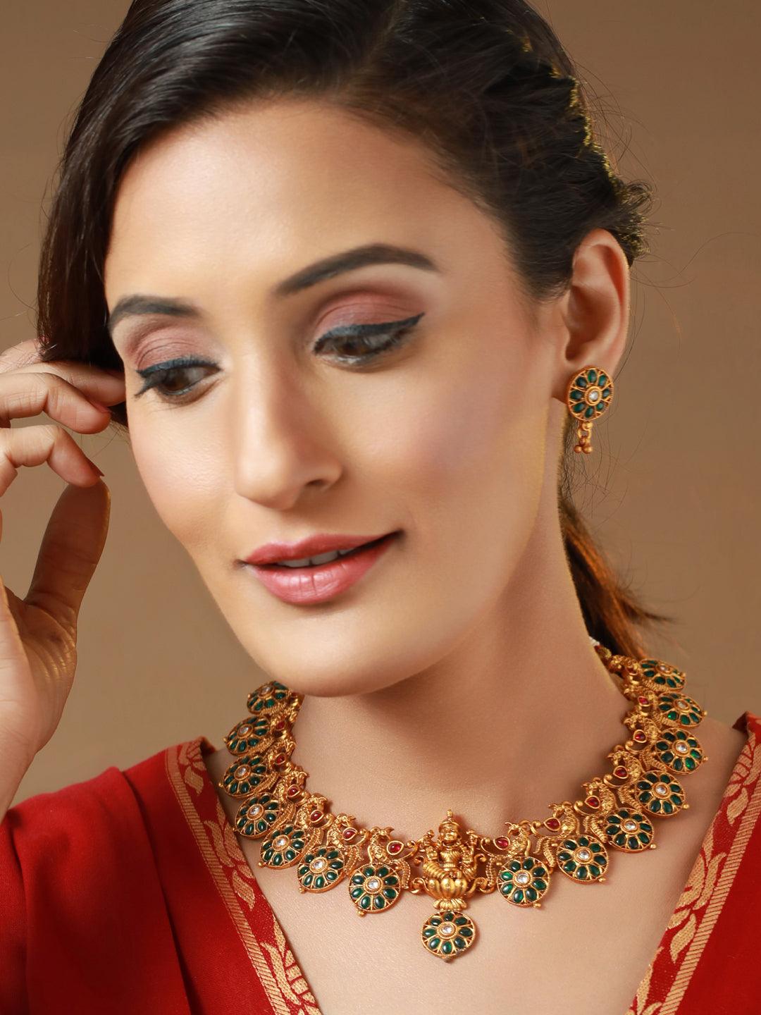 Women's Green Goddess Peacock Floral Gold Plated Jewellery Set - Priyaasi - Indiakreations