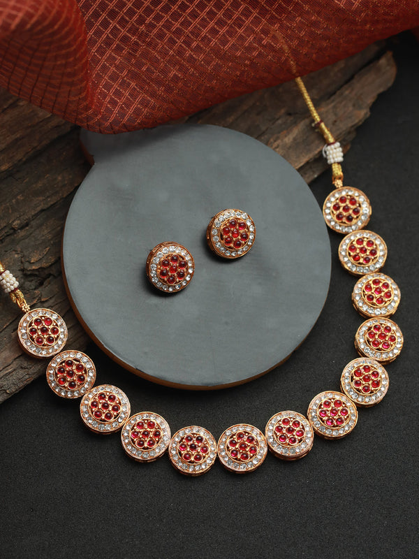 Women's Pink Round Floral Studded Gold Plated Jewellery Set - Priyaasi