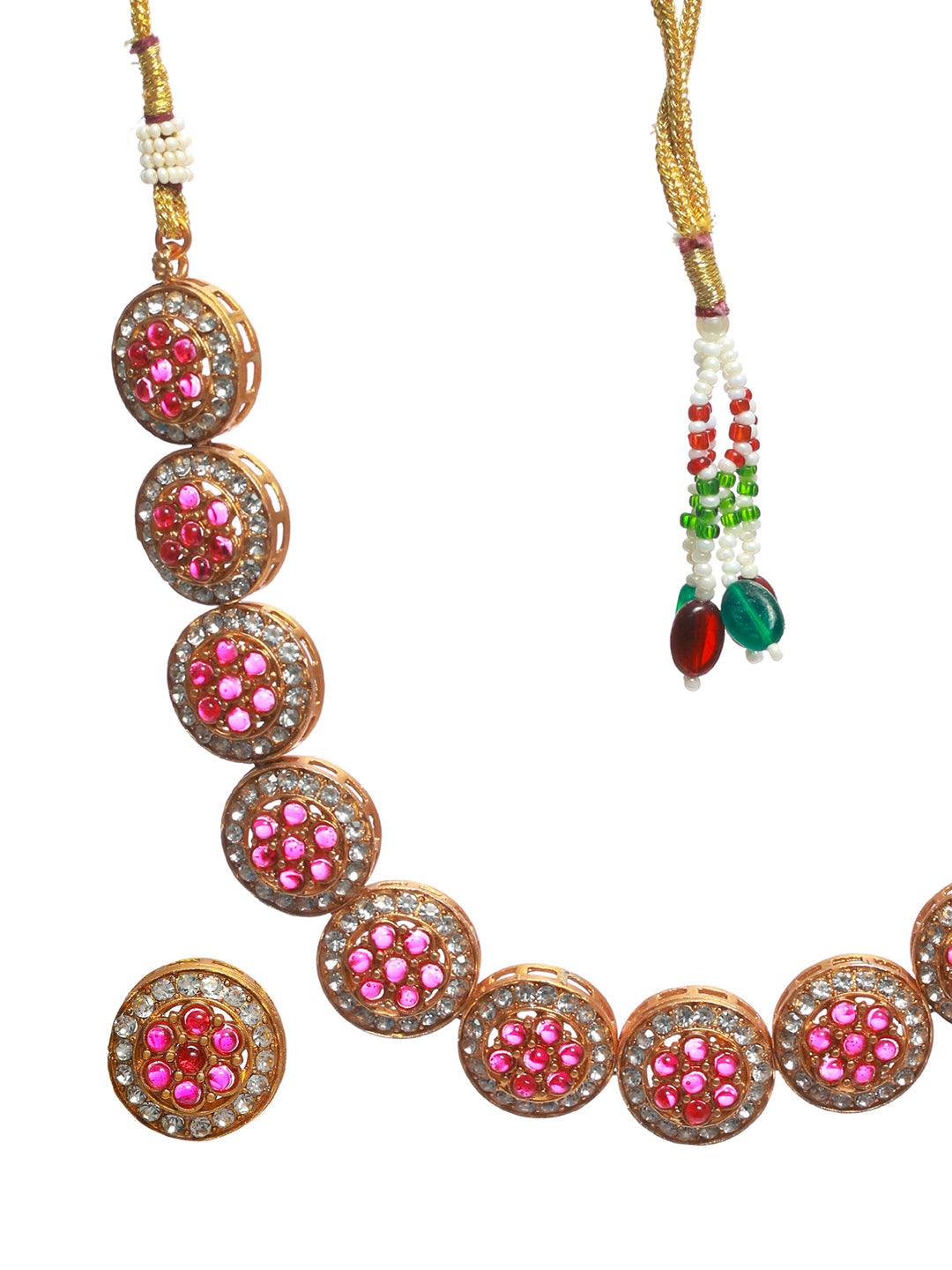 Women's Pink Round Floral Studded Gold Plated Jewellery Set - Priyaasi - Indiakreations