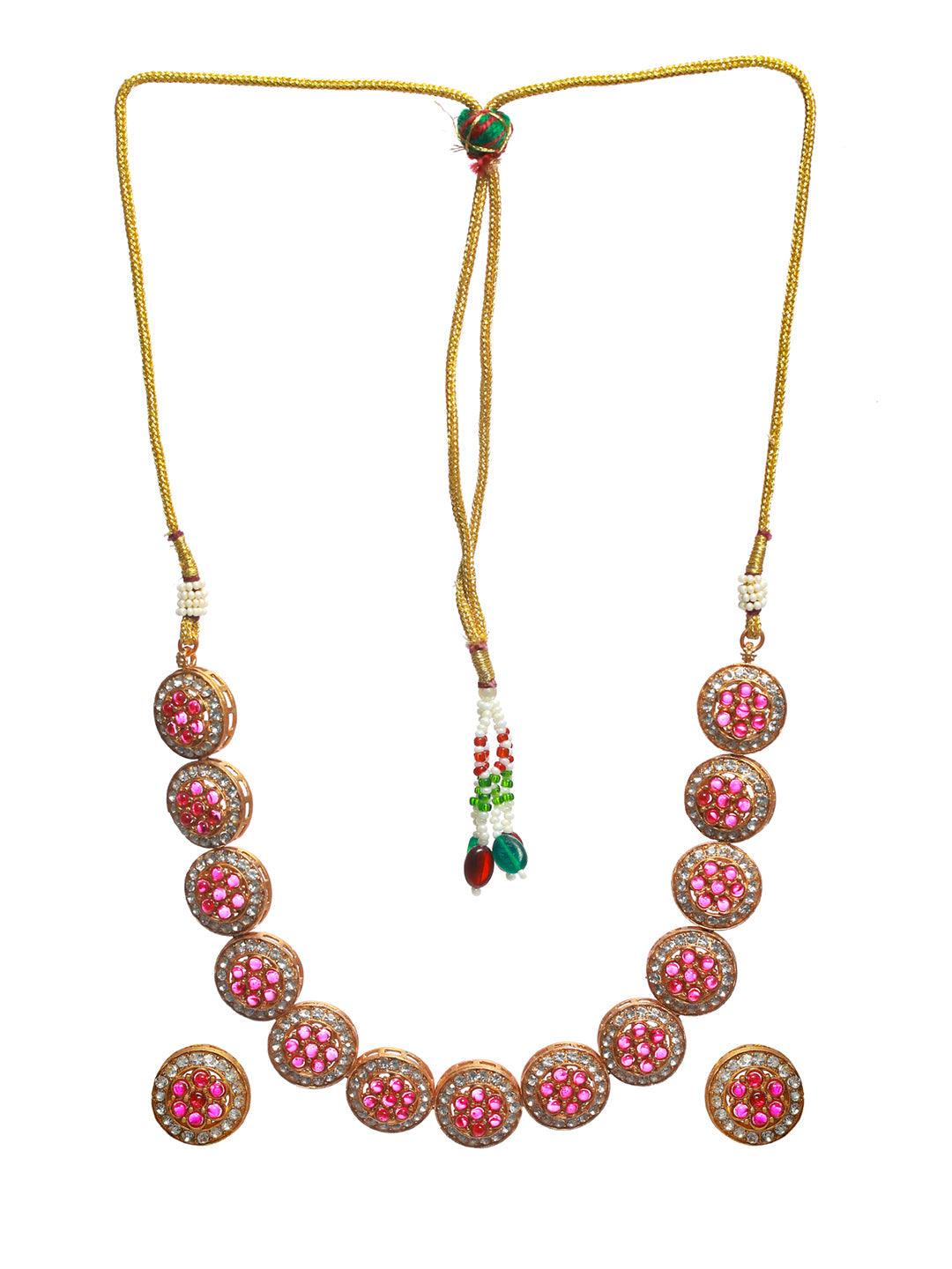 Women's Pink Round Floral Studded Gold Plated Jewellery Set - Priyaasi - Indiakreations