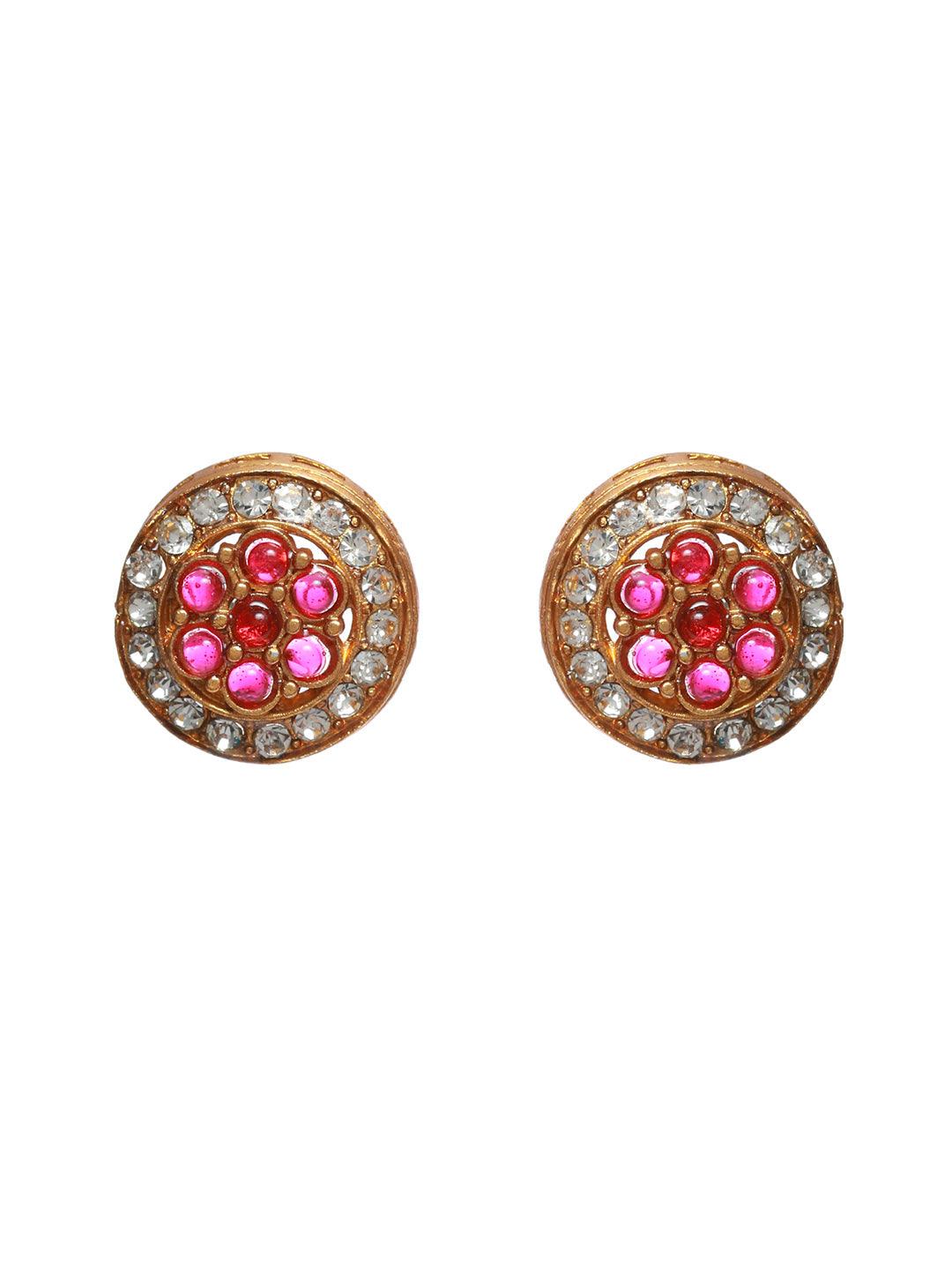 Women's Pink Round Floral Studded Gold Plated Jewellery Set - Priyaasi - Indiakreations