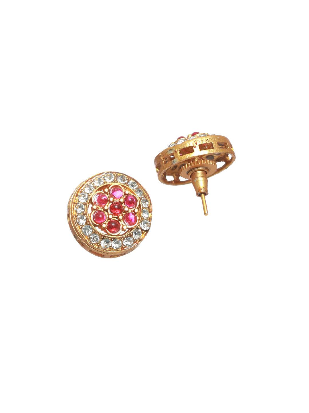 Women's Pink Round Floral Studded Gold Plated Jewellery Set - Priyaasi - Indiakreations