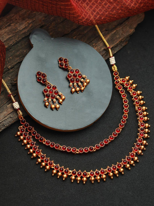 Women's Pink Stone Studded Dual-Layered Gold Plated Jewellery Set - Priyaasi - Indiakreations