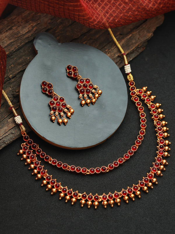 Women's Pink Stone Studded Dual-Layered Gold Plated Jewellery Set - Priyaasi