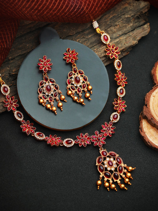 Women's Floral Pink Studded Gold Plated Jewellery Set - Priyaasi