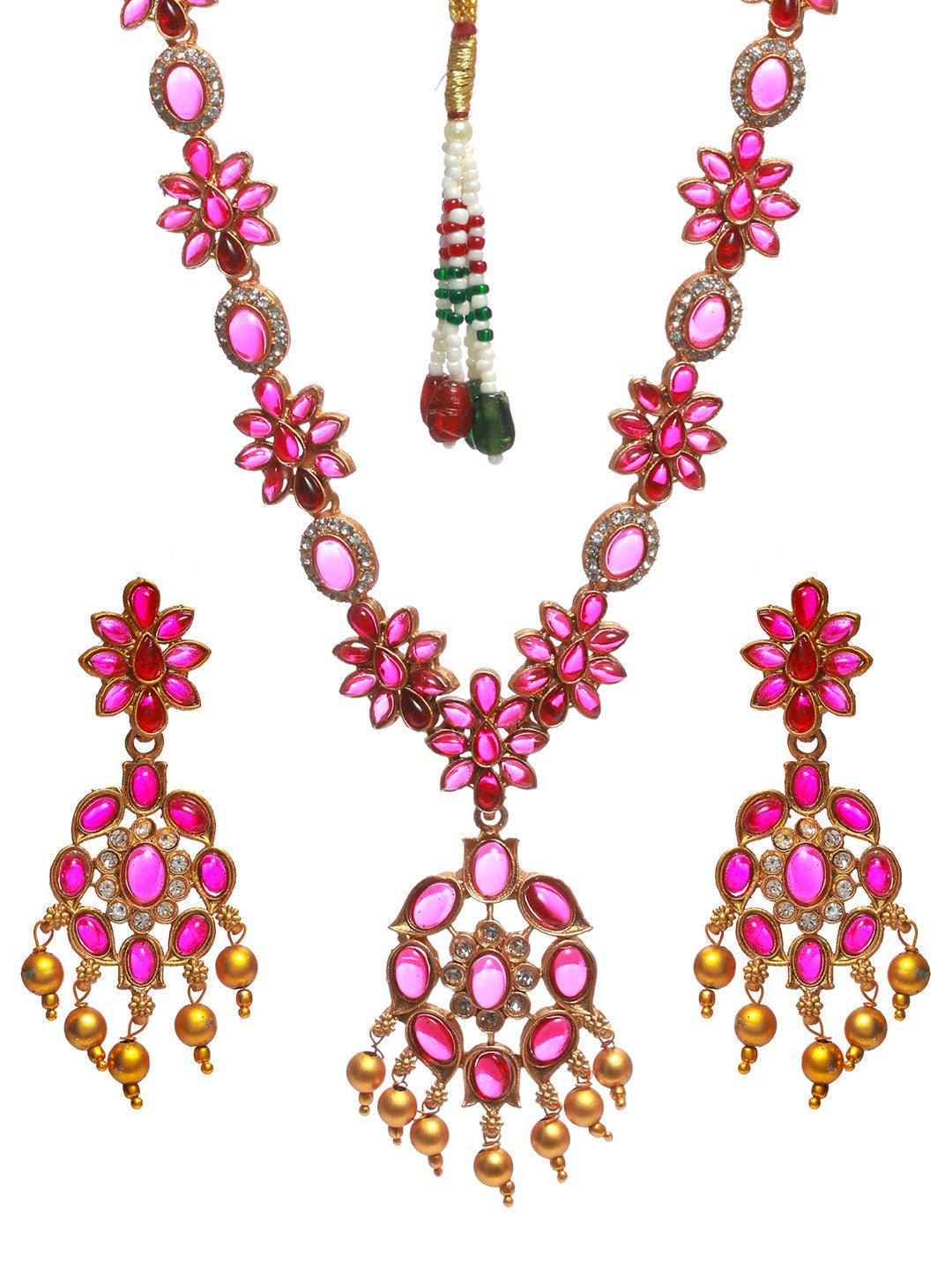 Women's Floral Pink Studded Gold Plated Jewellery Set - Priyaasi - Indiakreations