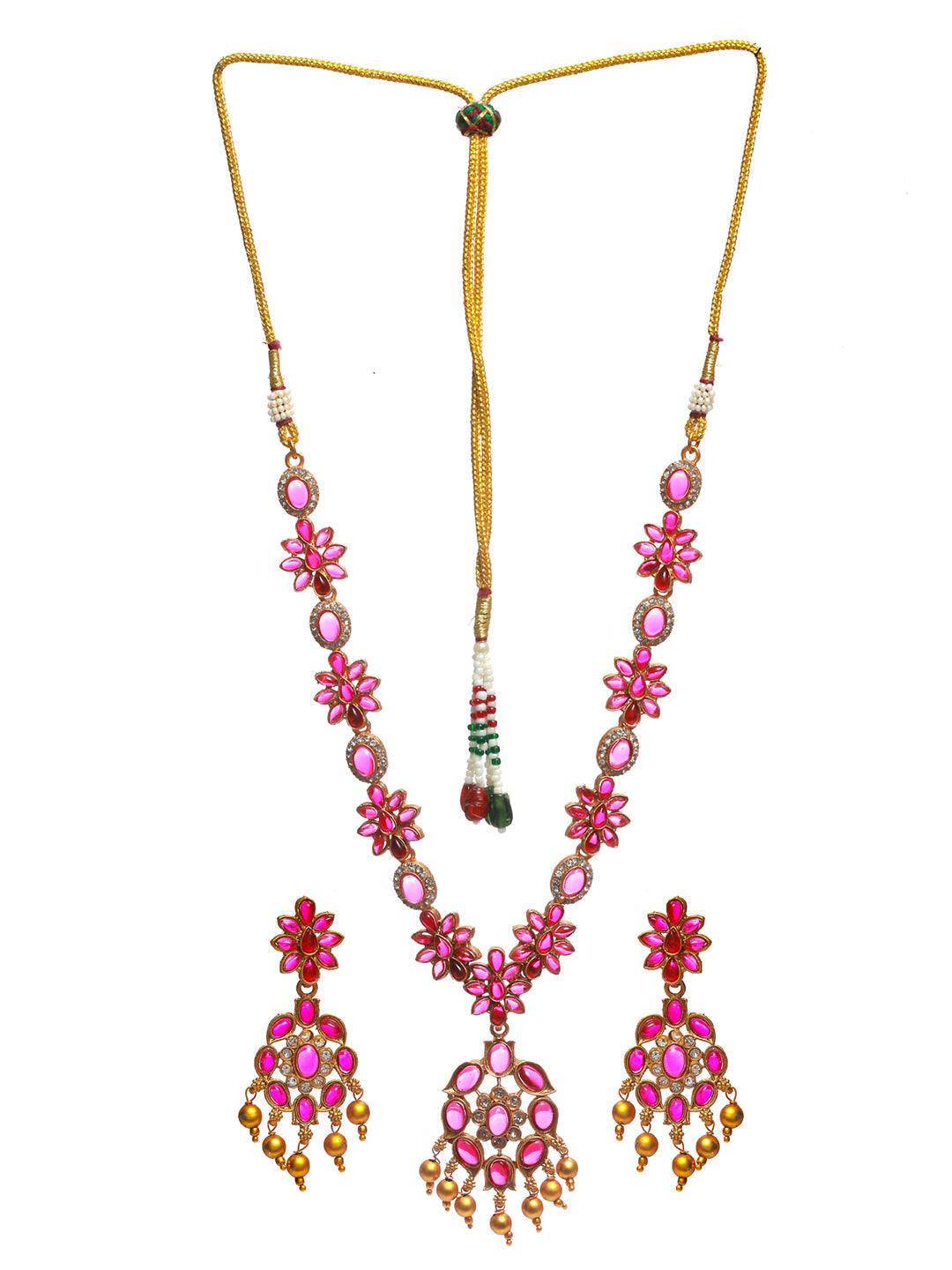 Women's Floral Pink Studded Gold Plated Jewellery Set - Priyaasi - Indiakreations