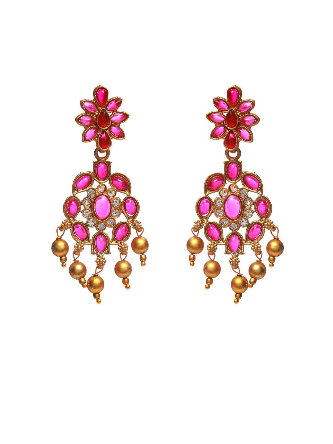 Women's Floral Pink Studded Gold Plated Jewellery Set - Priyaasi - Indiakreations