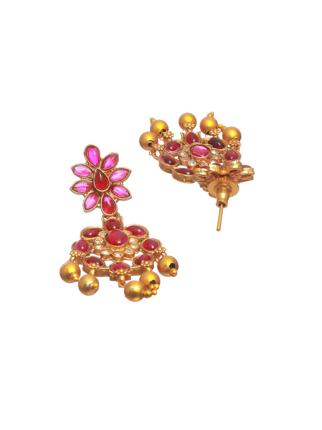 Women's Floral Pink Studded Gold Plated Jewellery Set - Priyaasi - Indiakreations