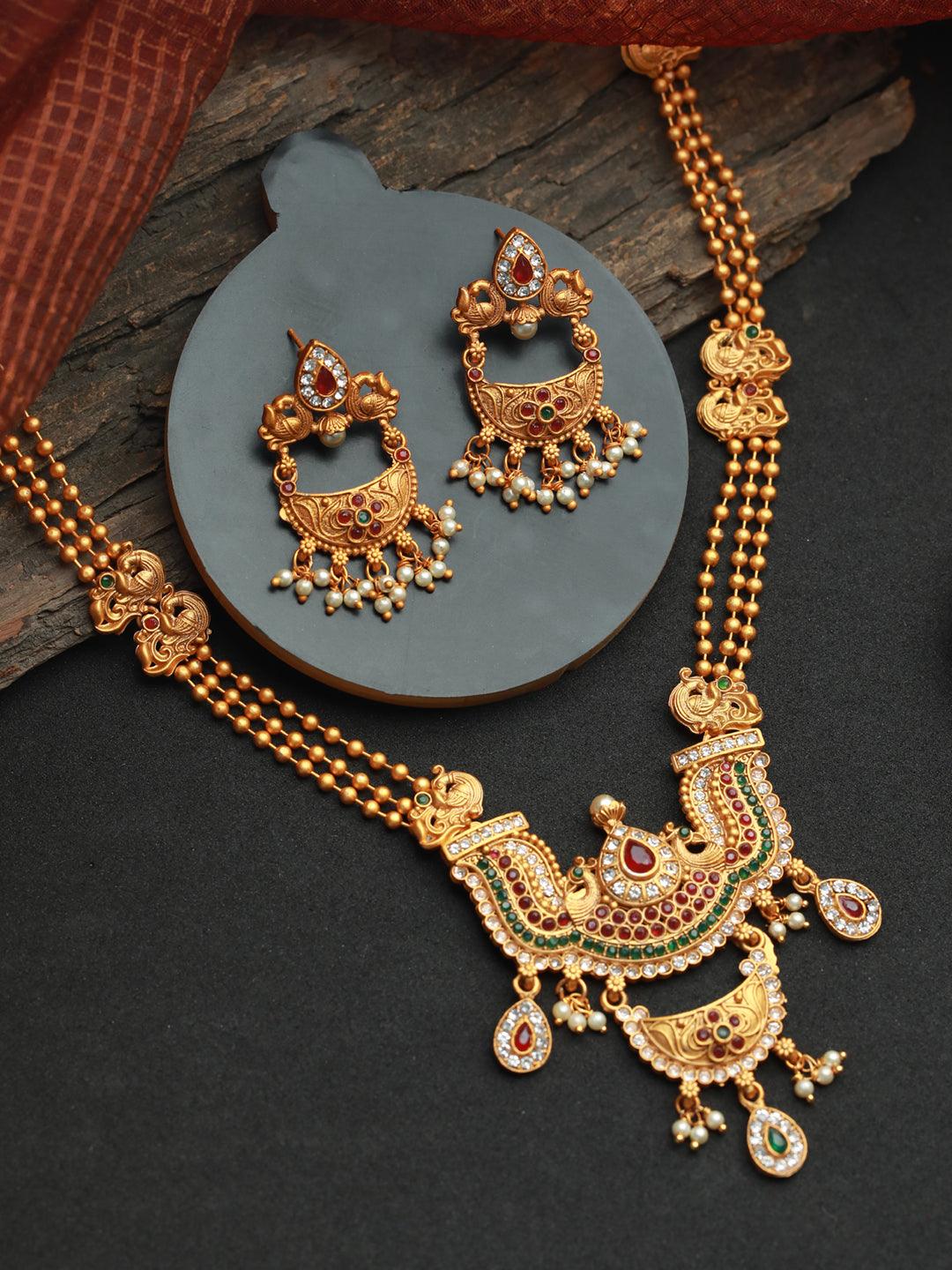 Women's Multicolor Floral peacock Studded Gold Plated Jewellery Set - Priyaasi - Indiakreations