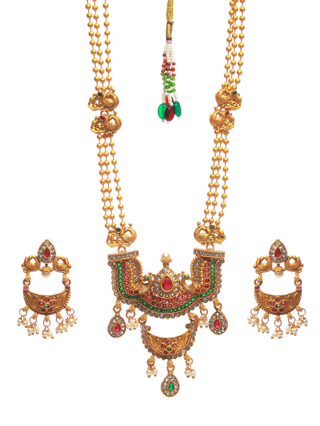 Women's Multicolor Floral peacock Studded Gold Plated Jewellery Set - Priyaasi - Indiakreations