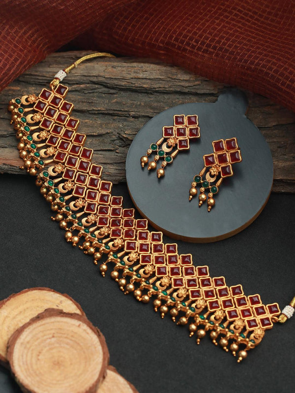 Women's Multicolor Studded Geometric Pattern Gold Plated Jewellery Set - Priyaasi - Indiakreations