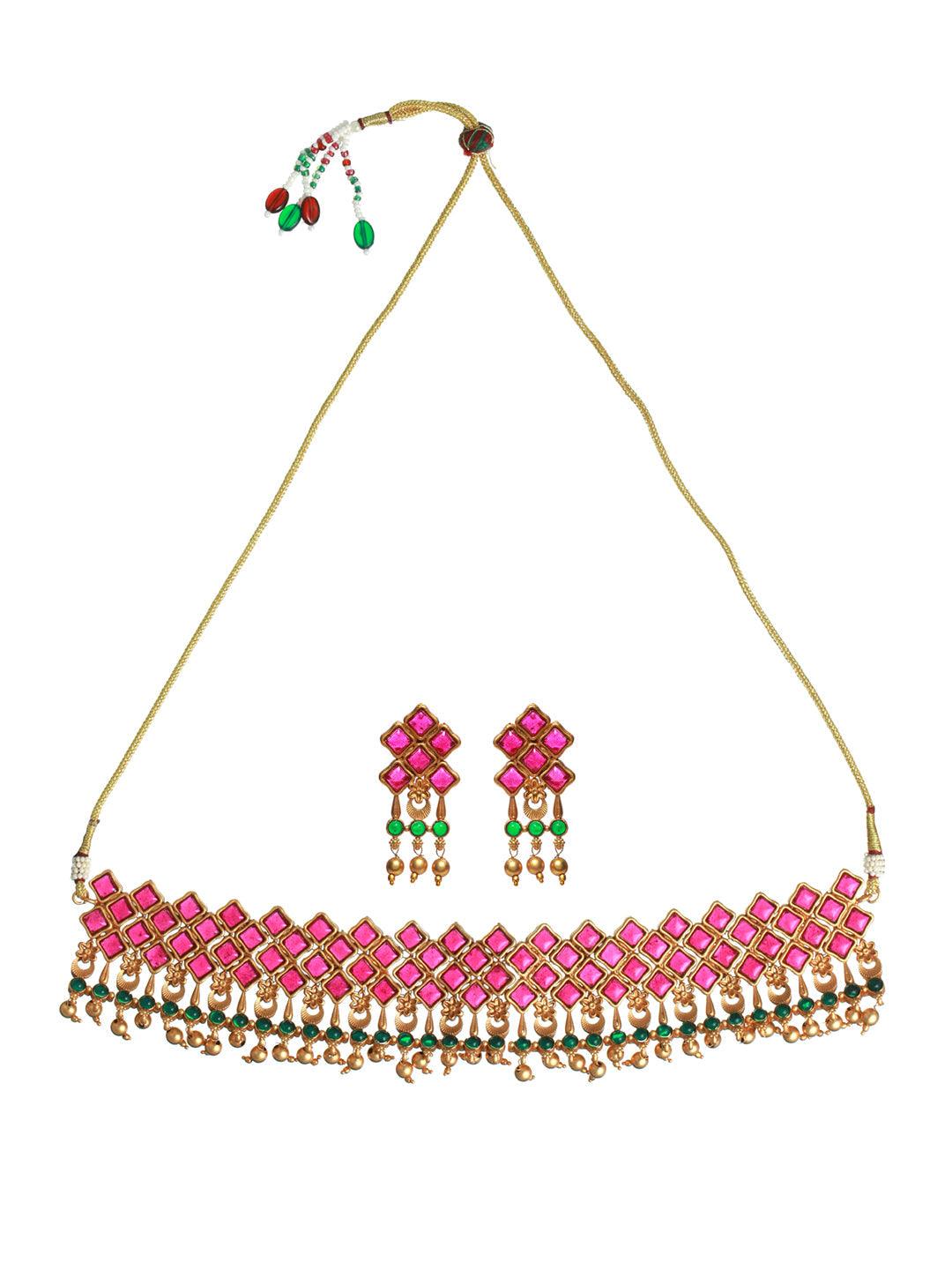 Women's Multicolor Studded Geometric Pattern Gold Plated Jewellery Set - Priyaasi - Indiakreations