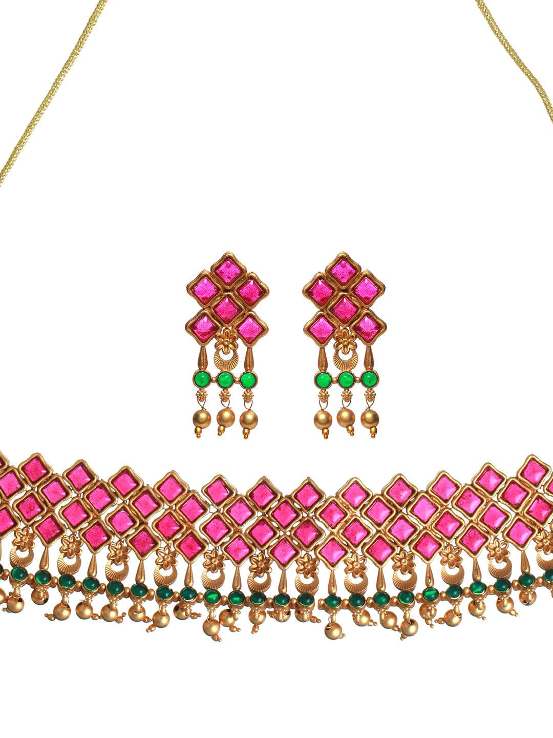 Women's Multicolor Studded Geometric Pattern Gold Plated Jewellery Set - Priyaasi - Indiakreations