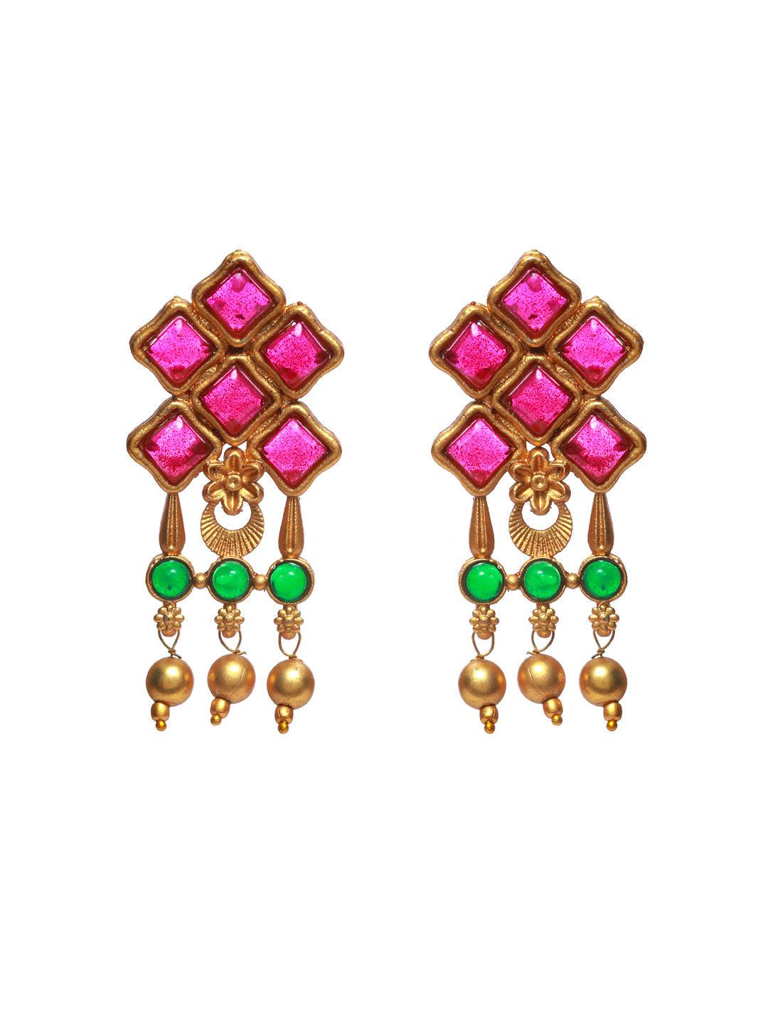 Women's Multicolor Studded Geometric Pattern Gold Plated Jewellery Set - Priyaasi - Indiakreations