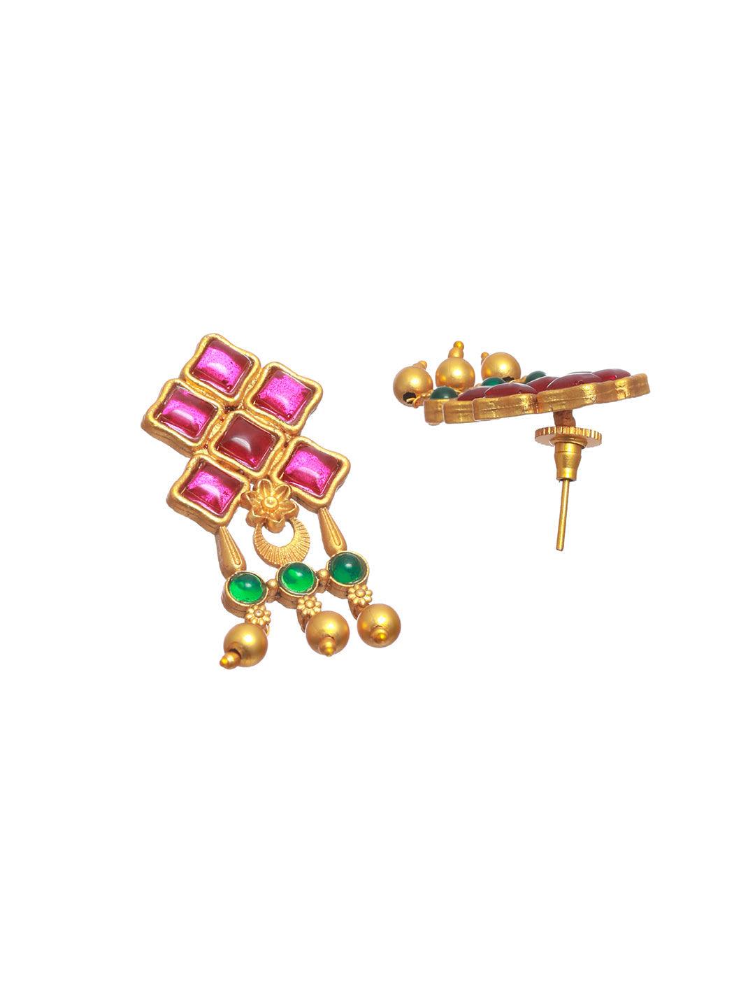 Women's Multicolor Studded Geometric Pattern Gold Plated Jewellery Set - Priyaasi - Indiakreations