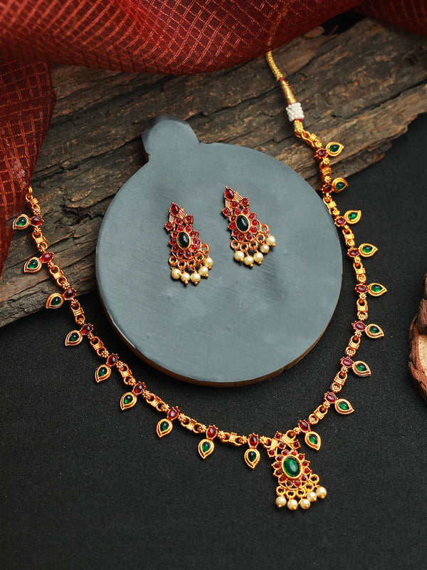 Women's Floral Multicolor Studded Gold Plated Jewellery Set - Priyaasi