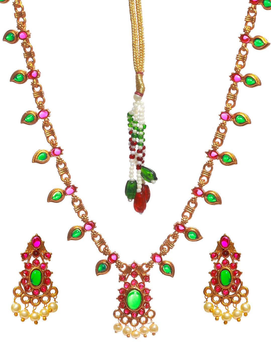 Women's Floral Multicolor Studded Gold Plated Jewellery Set - Priyaasi - Indiakreations