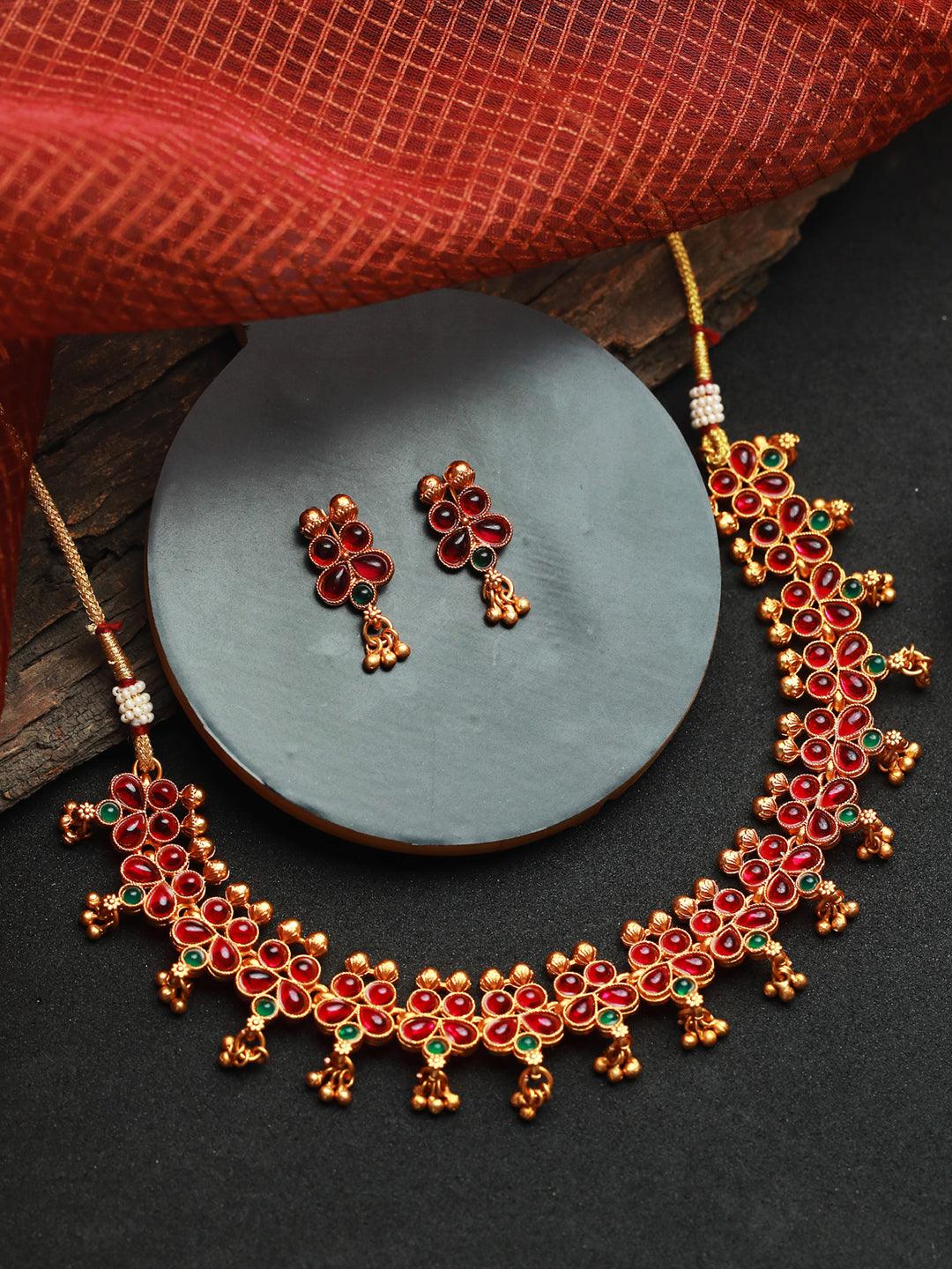 Women's Multicolor Studded Floral Gold Plated Jewellery Set - Priyaasi - Indiakreations