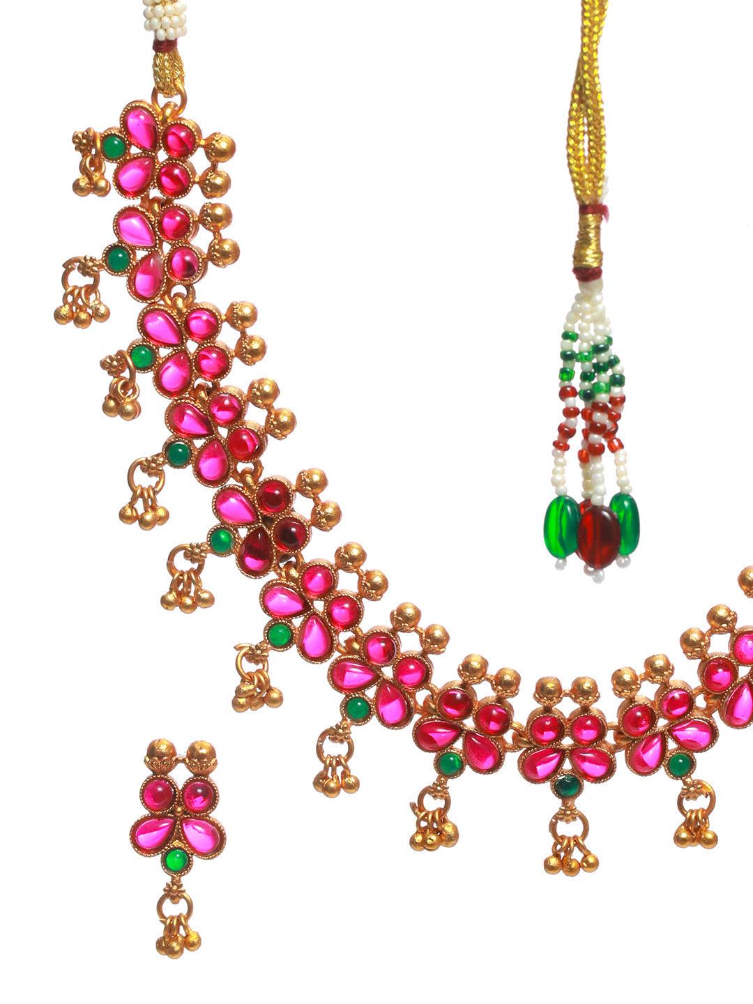 Women's Multicolor Studded Floral Gold Plated Jewellery Set - Priyaasi - Indiakreations