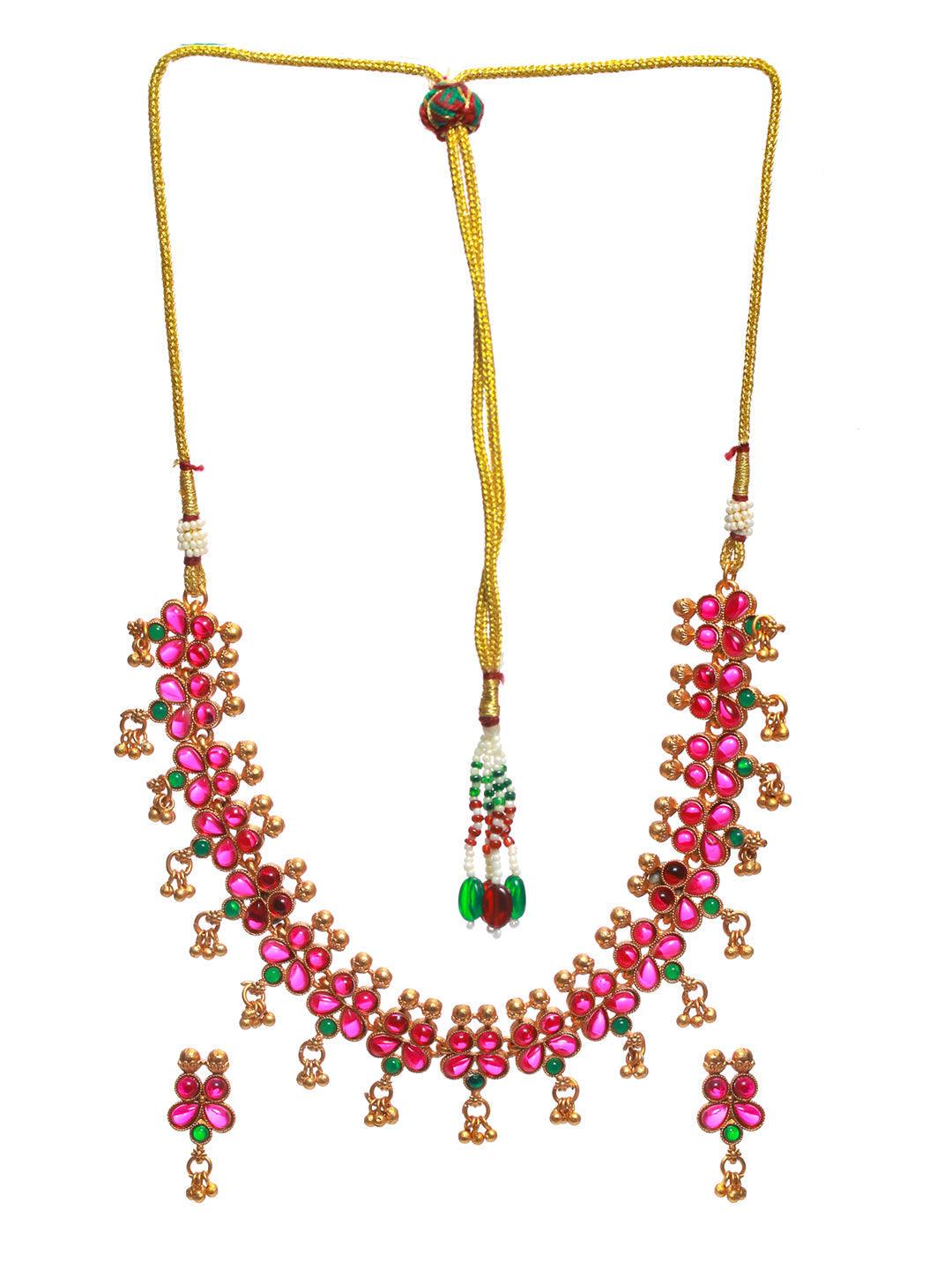 Women's Multicolor Studded Floral Gold Plated Jewellery Set - Priyaasi - Indiakreations