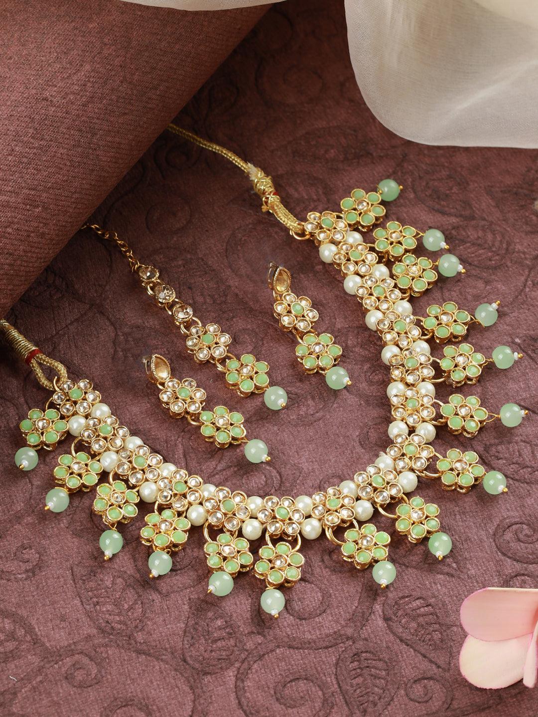 Women's Green Floral Gold Plated Jewellery Set with Maangtikka - Priyaasi - Indiakreations