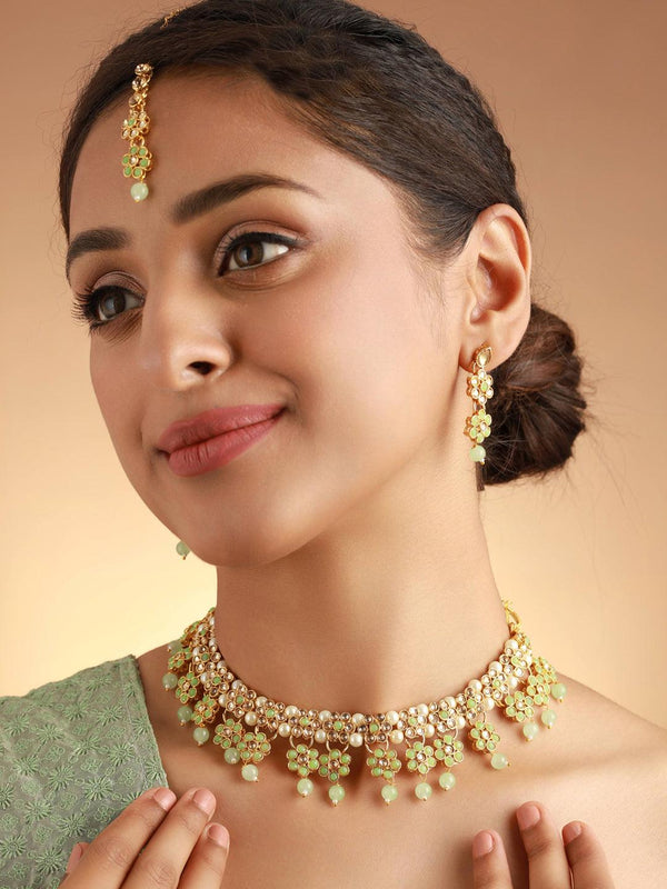 Women's Green Floral Gold Plated Jewellery Set with Maangtikka - Priyaasi - Indiakreations