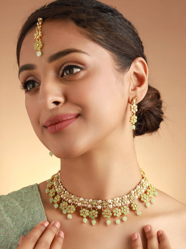 Women's Green Floral Gold Plated Jewellery Set with Maangtikka - Priyaasi