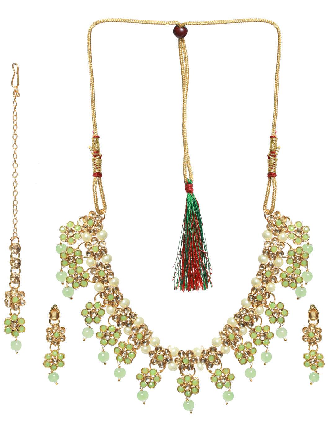 Women's Green Floral Gold Plated Jewellery Set with Maangtikka - Priyaasi - Indiakreations