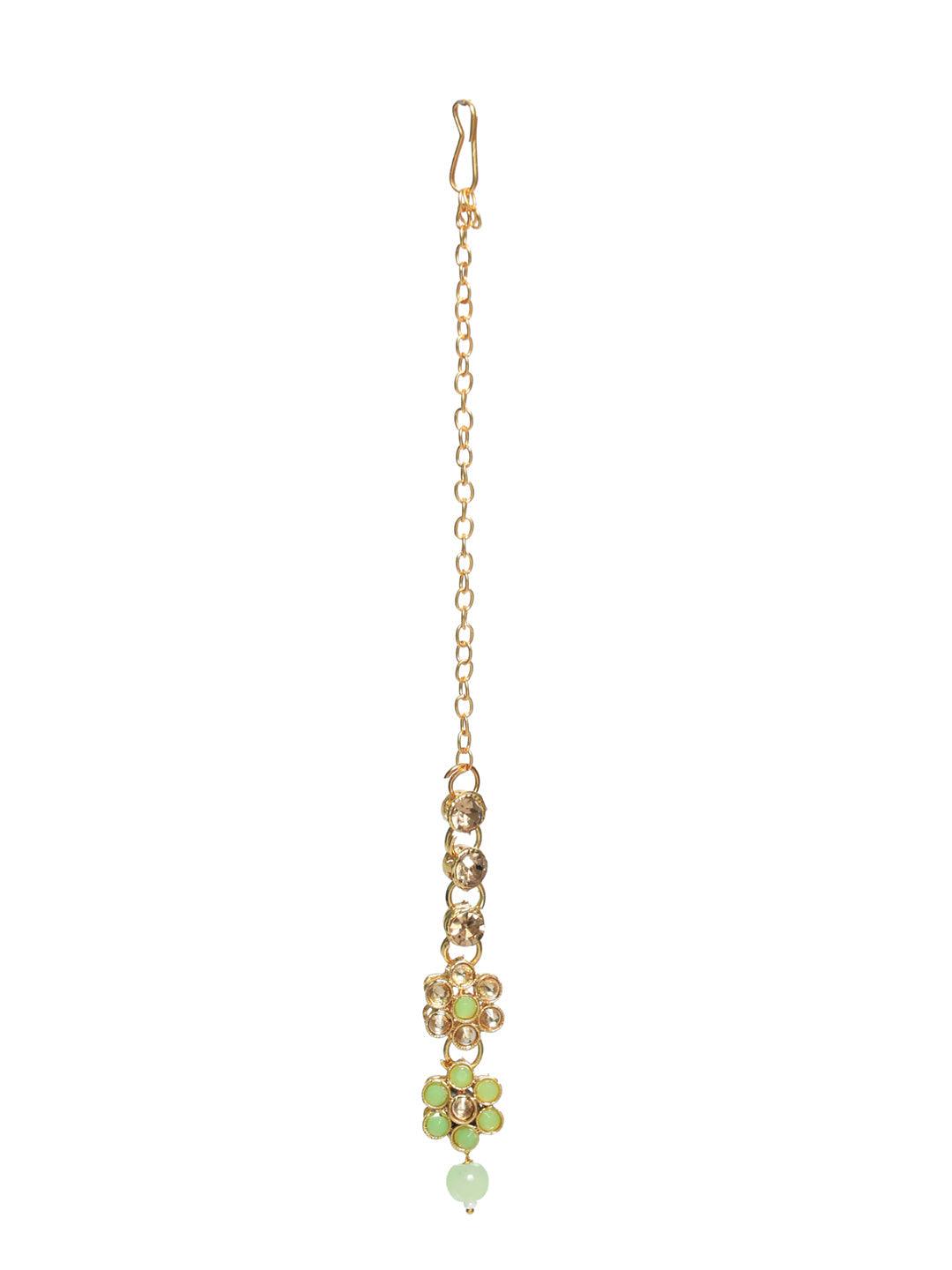 Women's Green Floral Gold Plated Jewellery Set with Maangtikka - Priyaasi - Indiakreations