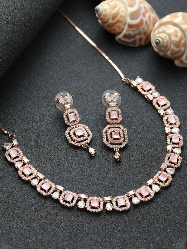 Women's Pink Floral AD Rose Gold Plated Jewellery Set - Priyaasi - Indiakreations