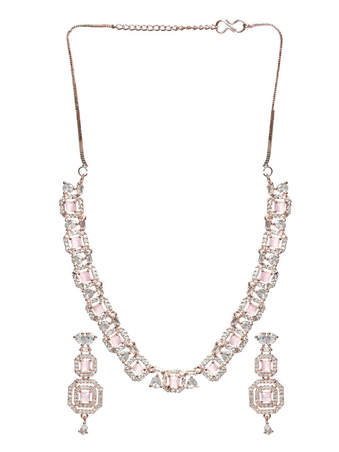 Women's Pink Floral AD Rose Gold Plated Jewellery Set - Priyaasi - Indiakreations