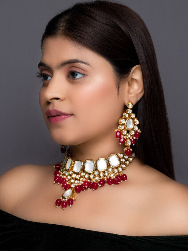 Women's Gold Plated & Maroon Kundan Studded Handcrafted Jewellery Set - Morkanth