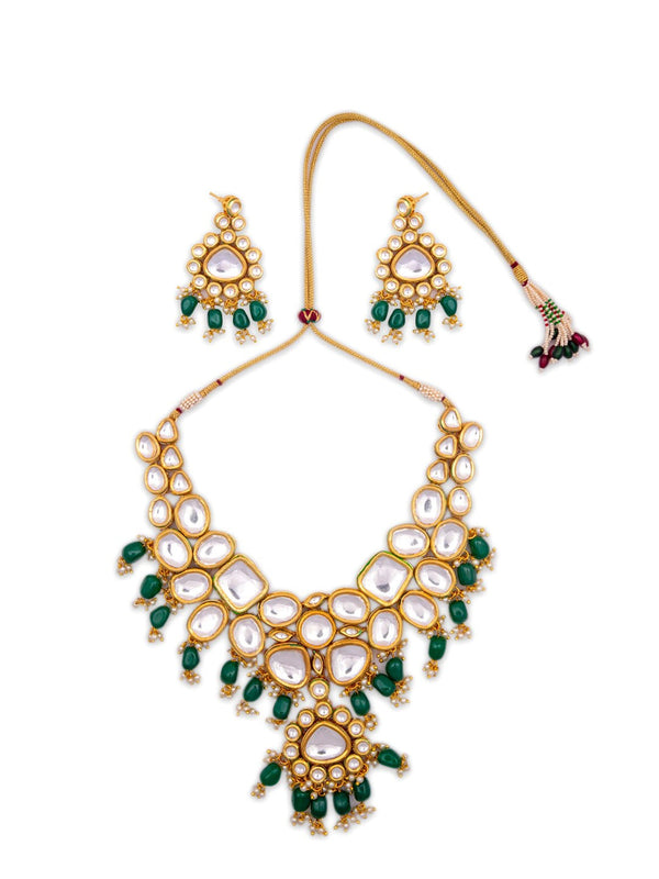 Women's Gold-Plated & Green Kundan Studded Pearls Handcrafted Jewellery Set - Morkanth